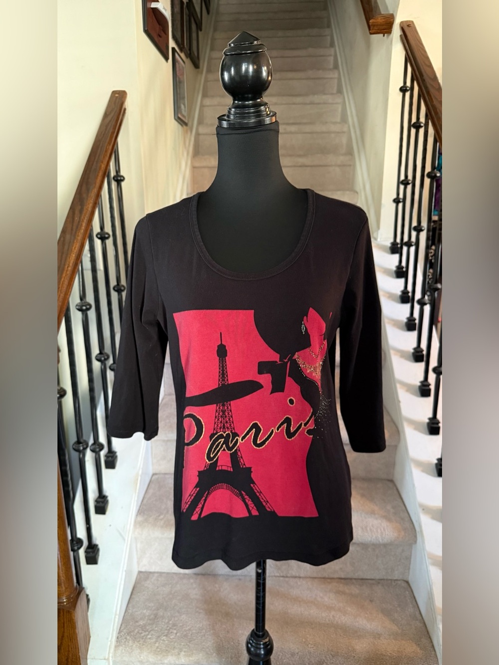 Black Paris Scoop Neck Top with Rhinestone Embellishments
